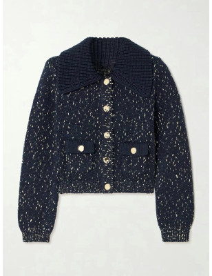 Gold Düğmeli Cepli Yaka Detaylı Kendinden Simli Tasarım Triko Ceket