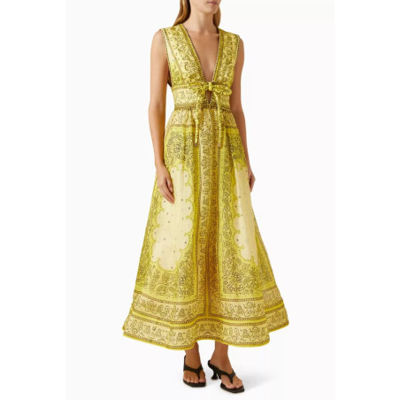 V Yaka Kurdele Detaylı Keten İpek Premium Midi Elbise