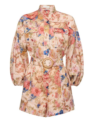 Çiçek Desenli Kemerli Keten Premium Tulum