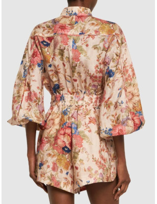 Çiçek Desenli Kemerli Keten Premium Tulum