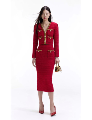 Gold Pul ve Düğme Detaylı Premium Kırmızı Ceket