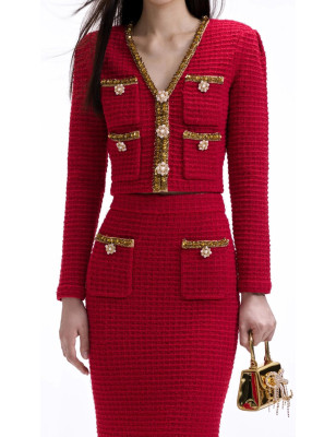 Gold Pul ve Düğme Detaylı Premium Kırmızı Ceket