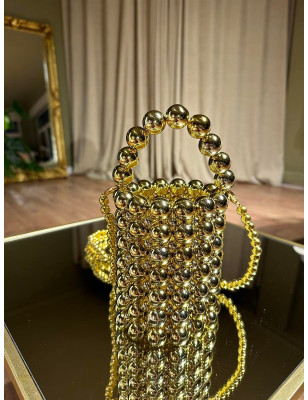 Boncuklu Silindir Gold Çanta