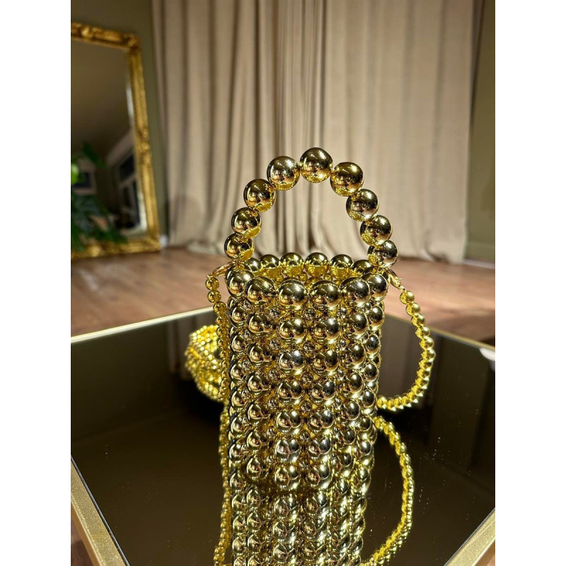 Boncuklu Silindir Gold Çanta