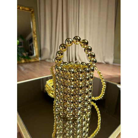 Boncuklu Silindir Gold Çanta