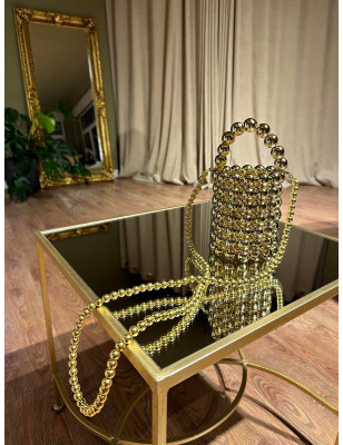 Boncuklu Silindir Gold Çanta