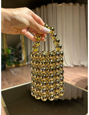 Boncuklu Silindir Gold Çanta