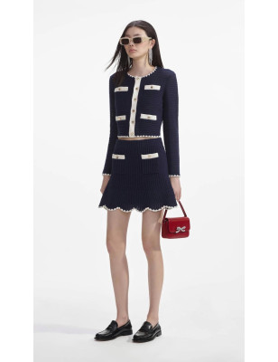 Beyaz Dikişli Gold Düğmeli Lacivert Tasarım Triko Ceket