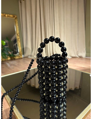 Boncuklu Silindir Siyah Çanta