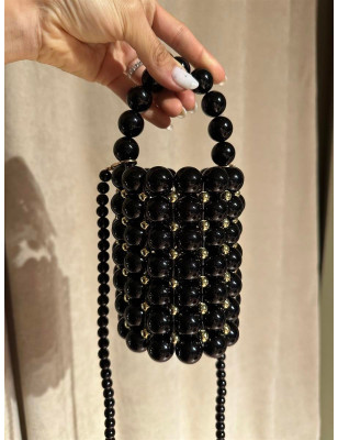 Boncuklu Silindir Siyah Çanta