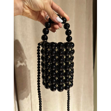 Boncuklu Silindir Siyah Çanta