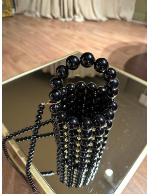 Boncuklu Silindir Siyah Çanta