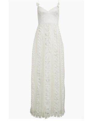 Kelebek Aplikli Askılı Maksi Premium Beyaz Elbise