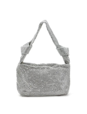 Düğüm Detaylı Kristal Taşlı Silver Kol Çantası