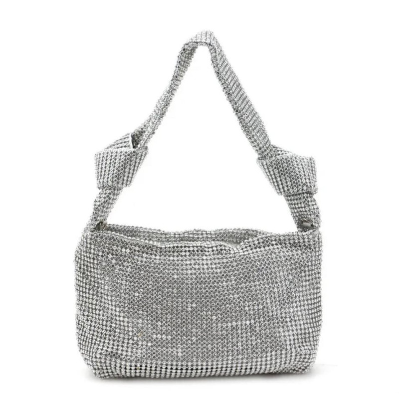 Düğüm Detaylı Kristal Taşlı Silver Kol Çantası