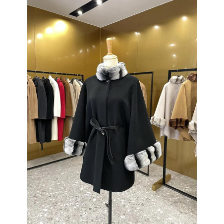 Kolları ve Boynu Kürklü Kemerli Kaşmir Premium Kaban