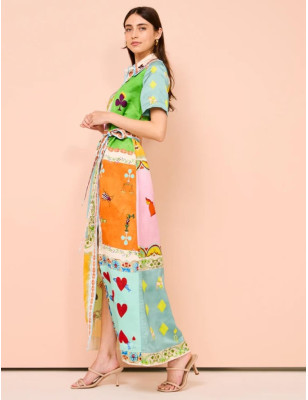 Desenli Düğmeli Midi Premium Keten Elbise