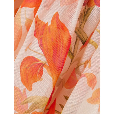 Çiçek Desenli Balon Kollu Keten Premium Elbise