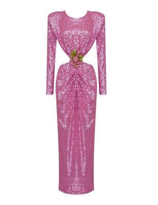 Pembe Sırt Dekolteli Gül Detaylı Payetli Elbise