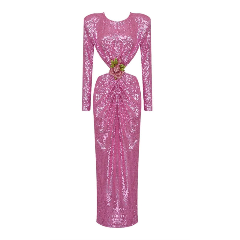 Pembe Sırt Dekolteli Gül Detaylı Payetli Elbise