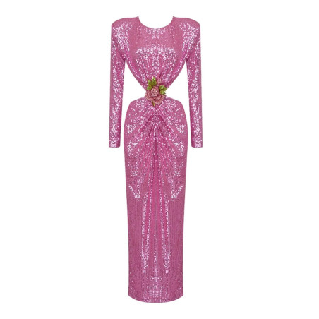 Pembe Sırt Dekolteli Gül Detaylı Payetli Elbise