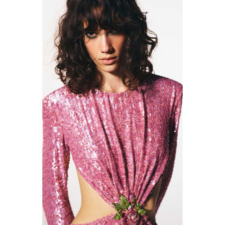 Pembe Sırt Dekolteli Gül Detaylı Payetli Elbise