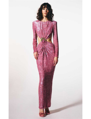 Pembe Sırt Dekolteli Gül Detaylı Payetli Elbise