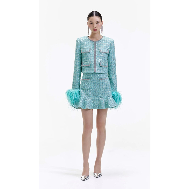 Kristal Taşlı Kolları Otrişli Mint Rengi Premium Ceket