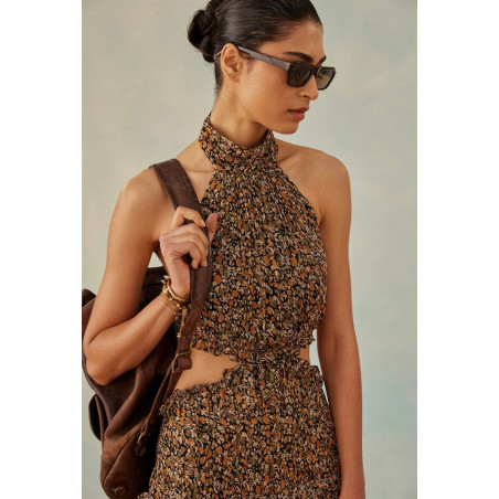 Desenli Bel Detaylı Midi Boy Şifon Tasarım Elbise