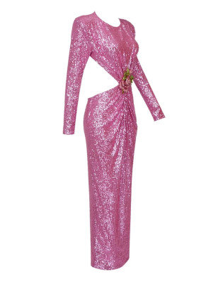 Pembe Sırt Dekolteli Gül Detaylı Payetli Elbise