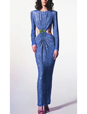 Mavi Sırt Dekolteli Gül Detaylı Payetli Elbise