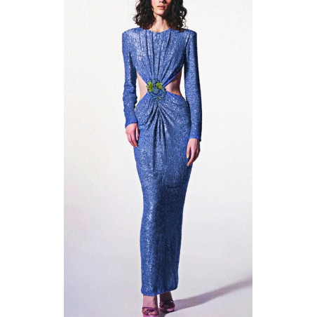 Mavi Sırt Dekolteli Gül Detaylı Payetli Elbise