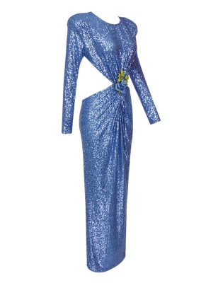 Mavi Sırt Dekolteli Gül Detaylı Payetli Elbise