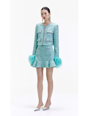 Kristal Taşlı Kolları Otrişli Mint Rengi Premium Ceket