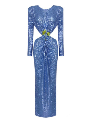 Mavi Sırt Dekolteli Gül Detaylı Payetli Elbise