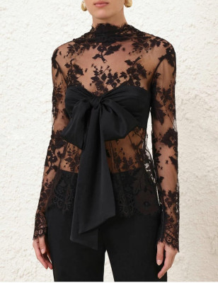 Göğsü Kurdele Formlu Siyah Dantel Premium Bluz