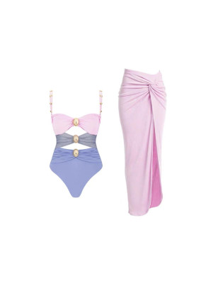 Gold Aksesuarlı Büzgülü Renkli Mayo ve Pembe Etek Takım