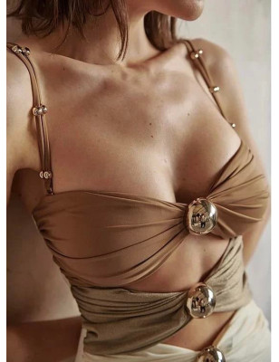 Gold Aksesuarlı Büzgülü Renkli Mayo ve Beyaz Etek Takım