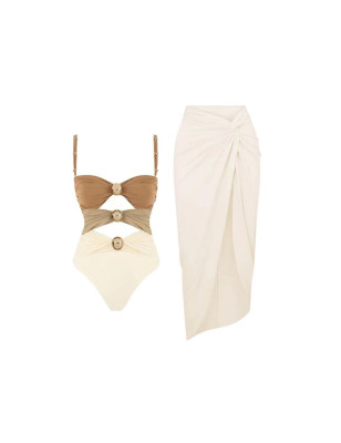 Gold Aksesuarlı Büzgülü Renkli Mayo ve Beyaz Etek Takım