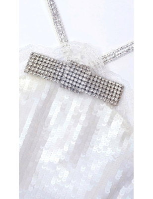 Kristal Kurdele Detaylı Halter Yaka Beyaz Payetli Mini Premium Elbise