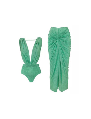 Yeşil Simli Mayo ve Büzgülü Etek Takım