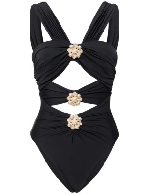İnci Aksesuarlı Cut Out Siyah Tasarım Mayokini