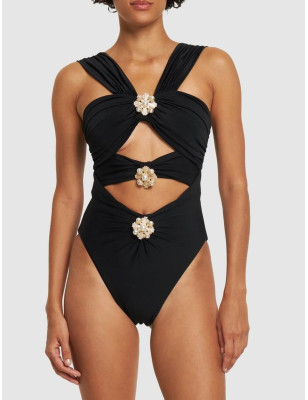 İnci Aksesuarlı Cut Out Siyah Tasarım Mayokini