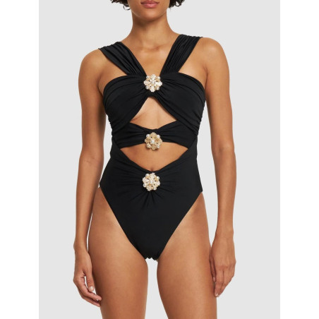 İnci Aksesuarlı Cut Out Siyah Tasarım Mayokini