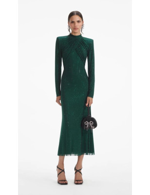 Uzun Kollu Kristal Taşlı Premium Yeşil Elbise