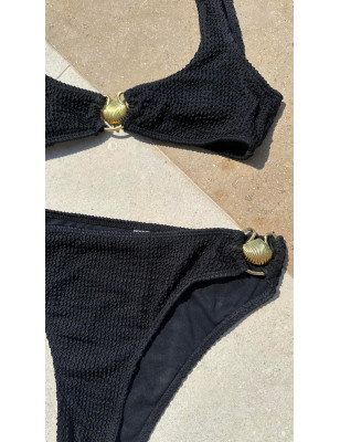 Gold Midye Detaylı Likralı Siyah Bikini Takım
