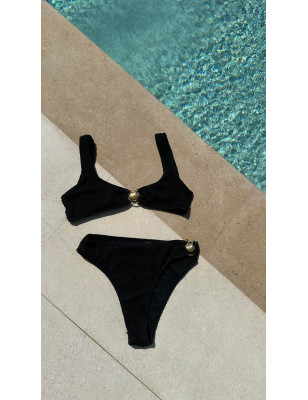 Gold Midye Detaylı Likralı Siyah Bikini Takım
