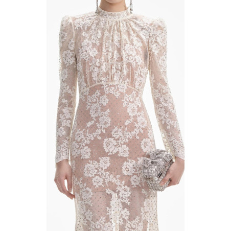 Uzun Kollu İşlemeli Astarlı Beyaz Maksi Premium Elbise