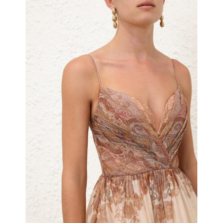 İp Askılı Kalp Yaka Desenli Premium Midi Elbise