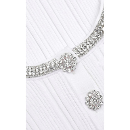 Kristal Taş Detaylı Fitilli Tasarım Beyaz Bluz